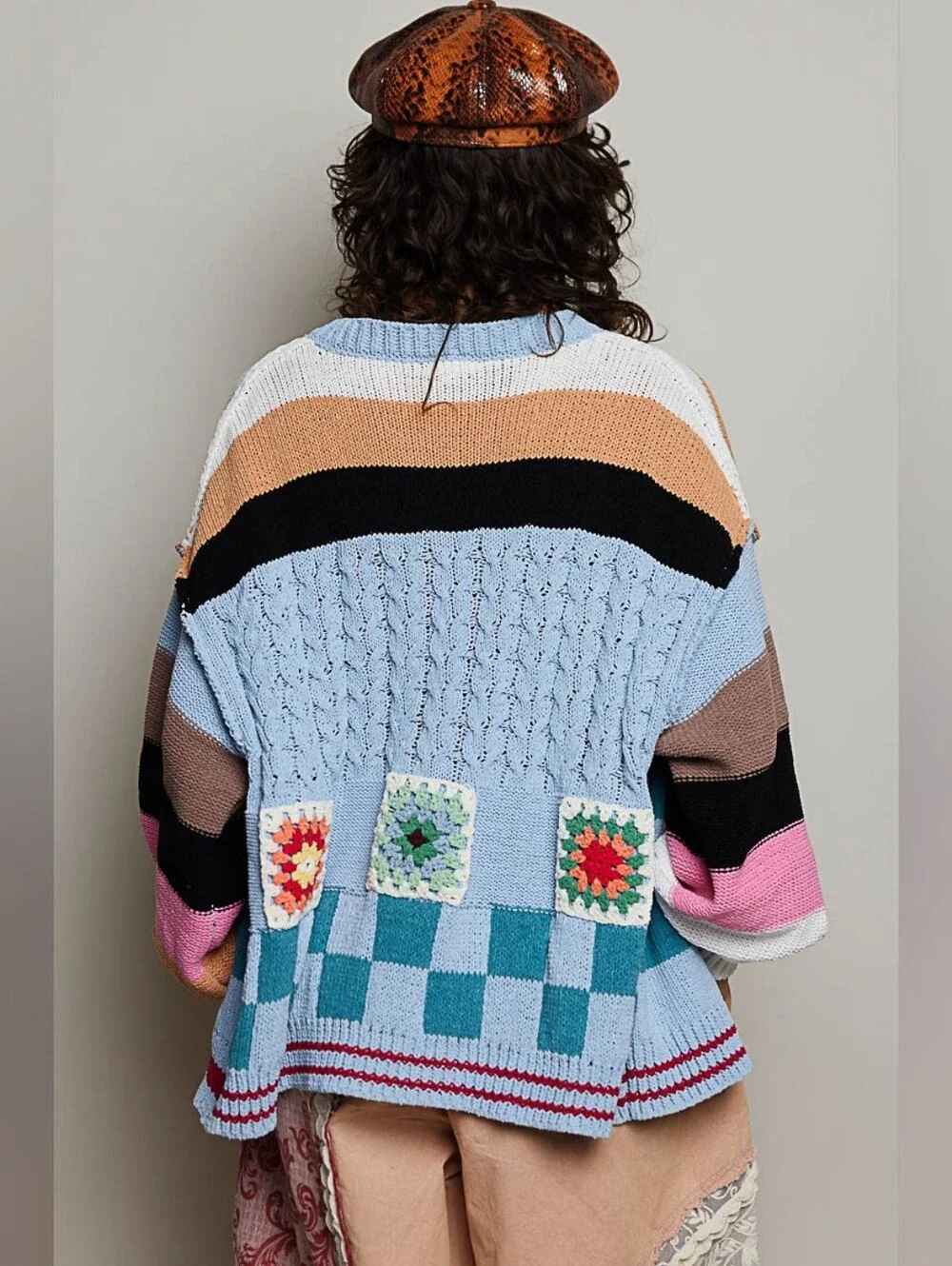 POL Crochet Granny Square Patch Chenille Sweater Cardigan Jogger Coordinated Set